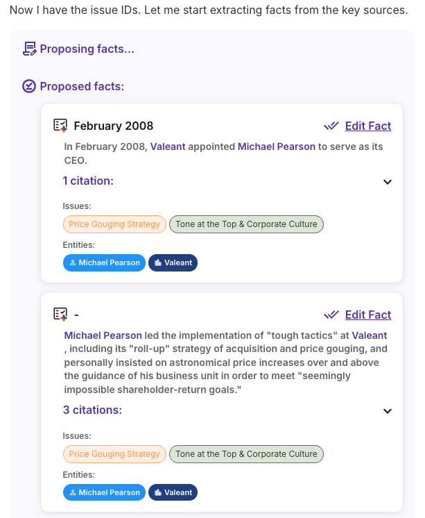 AI Assistant proposing facts extracted from case documents — each with citations, issue tags, and linked entities